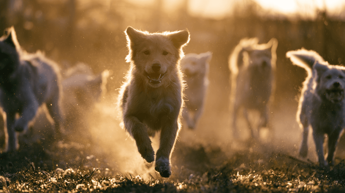 Hunde rennen über eine Wiese in der Abendsonne